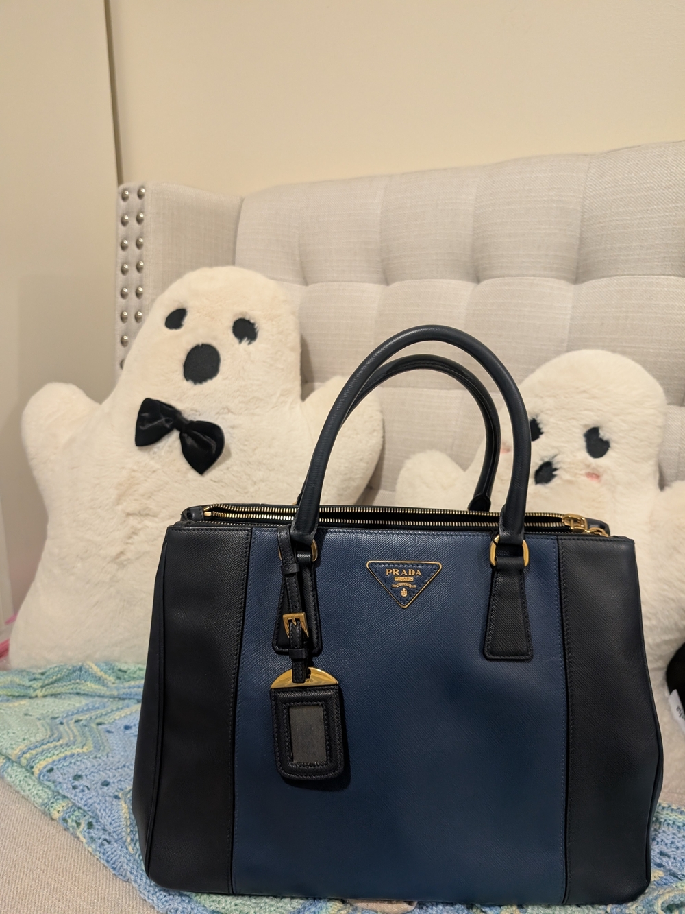 Prada Blue and Black Saffiano Leather Satchel with Gold Hardware